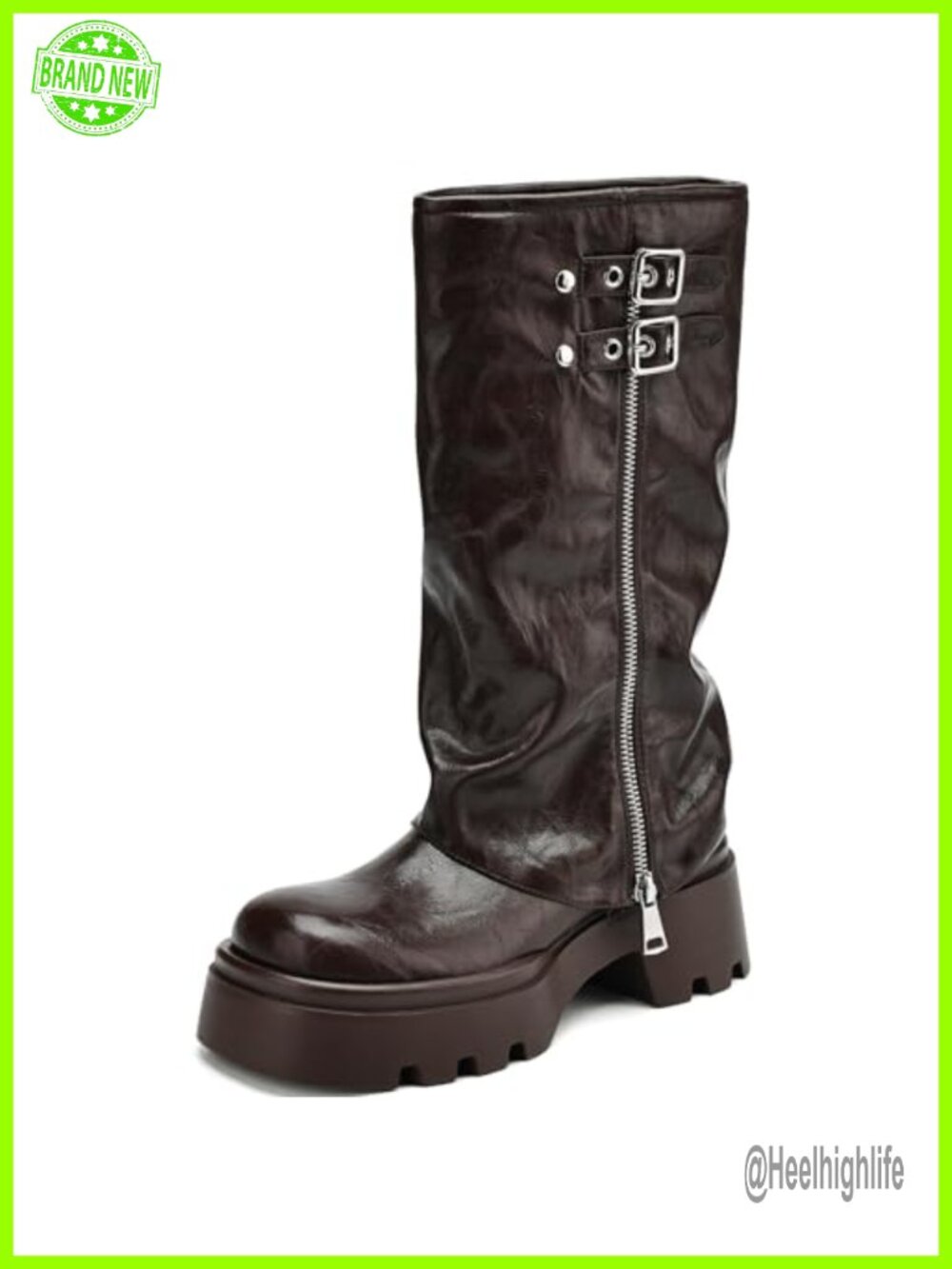 Women's Knee High Moto Riding Boots Fold Over Block Heel Platform Faux Leather